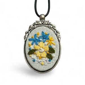 Embroidered Cameo Necklaces Yellow & Blue Flowers